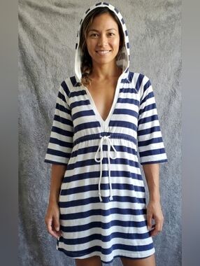 Kenneth Cole Reaction Striped Hooded Beach Coverup Mini Dress Blue White S